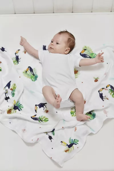 POOFI 2-pak pieluszka bambusowa Tropical 73×73 cm kolor: tukany i gładki