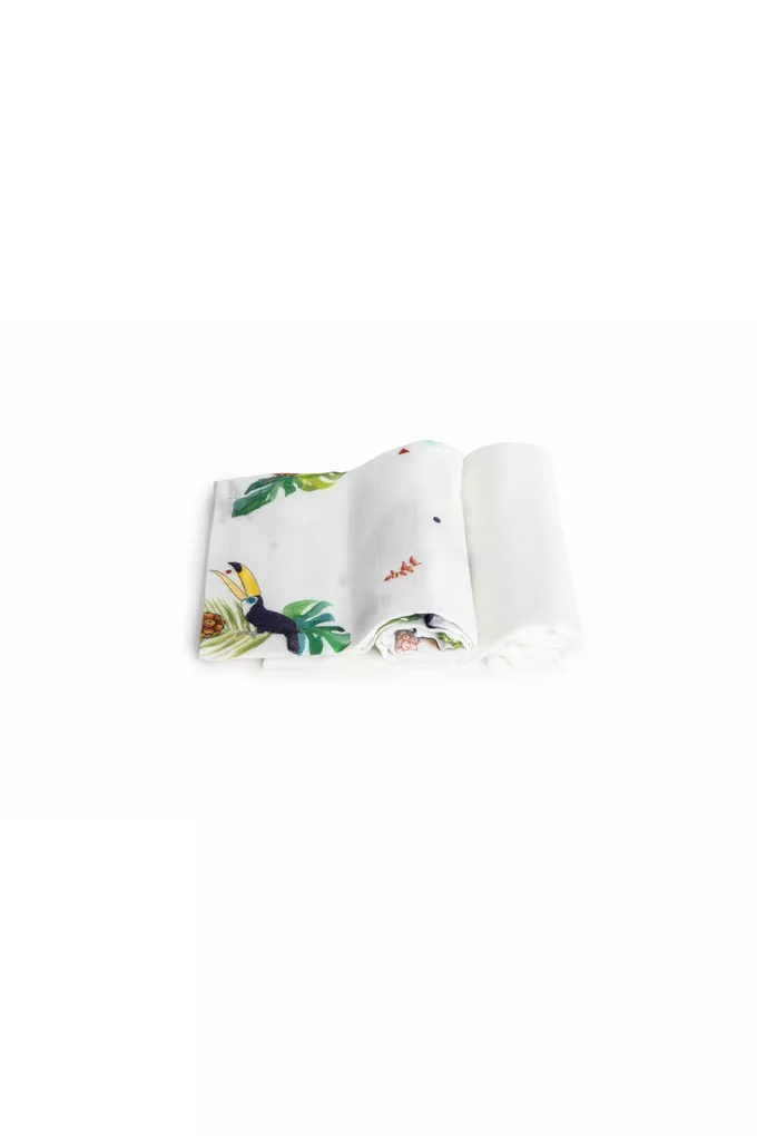 2-pak pieluszka bambusowa Tropical 73×73 cm kolor: tukany i gładki