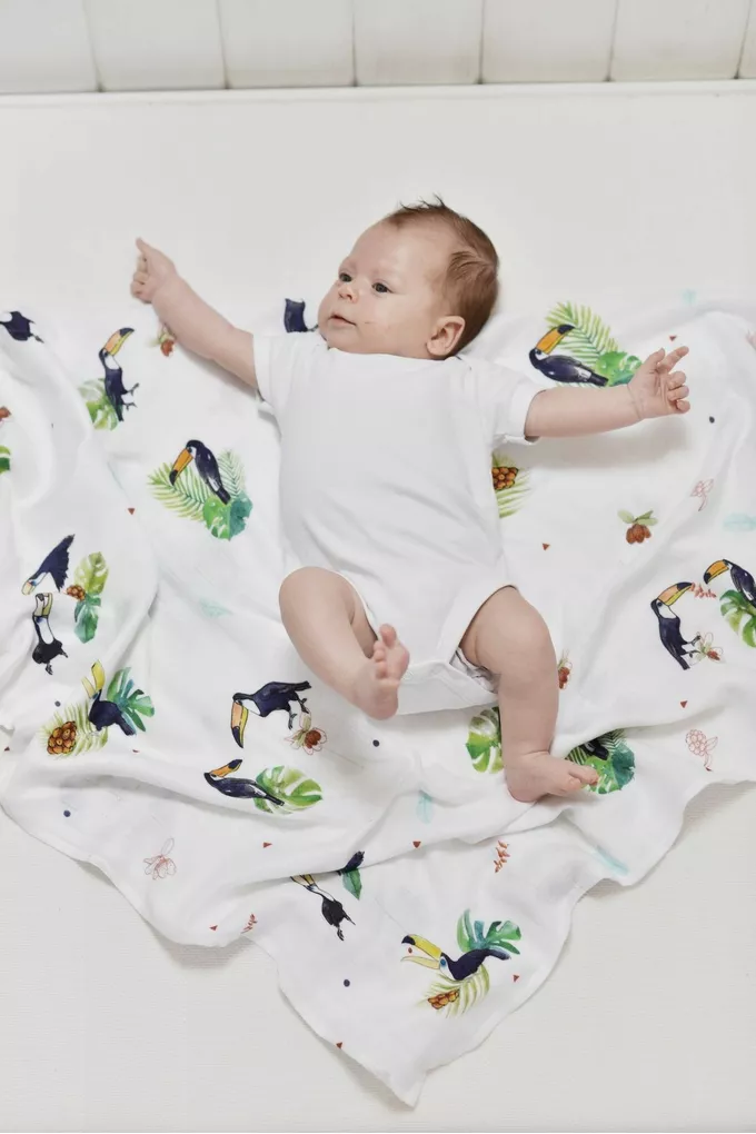 POOFI 2-pak pieluszka bambusowa Tropical 73×73 cm kolor: tukany i gładki